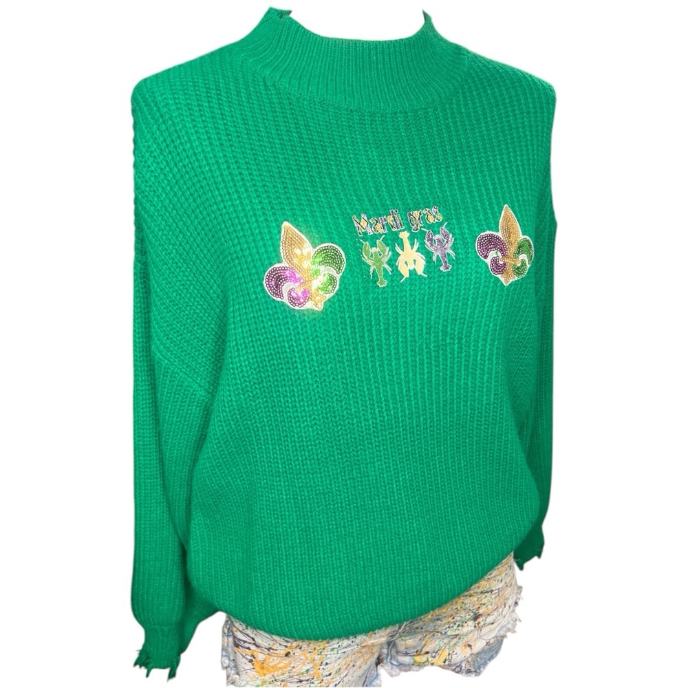 Green Mardi Gras Oversized Distressed Sweater, Size: Small